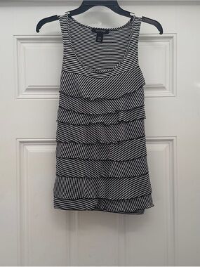 White House Black Market Black and White Striped Ruffle Tank XXS